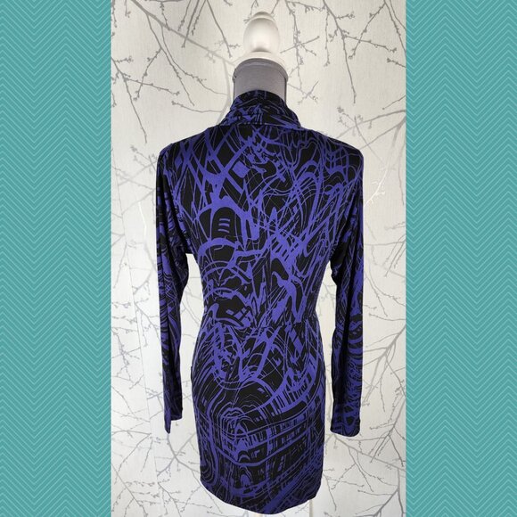 BCBGeneration Purple Artsy Abstract Print Faux Wrap Drape Dress Whimsigoth - Picture 3 of 4
